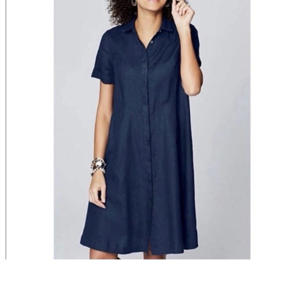 J Jill Love Linen Navy Blue Button Down Shirt Dress M Flowy Lagenlook Resort